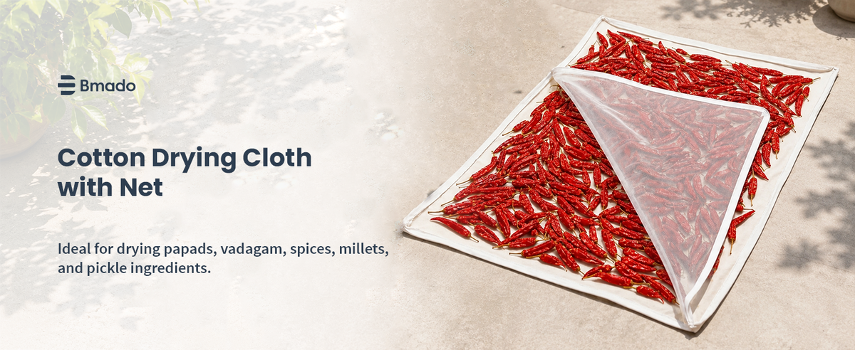 Bmado Reusable Cotton Food Drying Cloth with Mesh for Papad & Spices