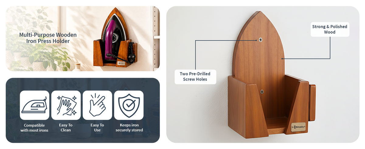 Bmado Wall Mounted Wooden Iron Box Holder with Power Cable Organizer