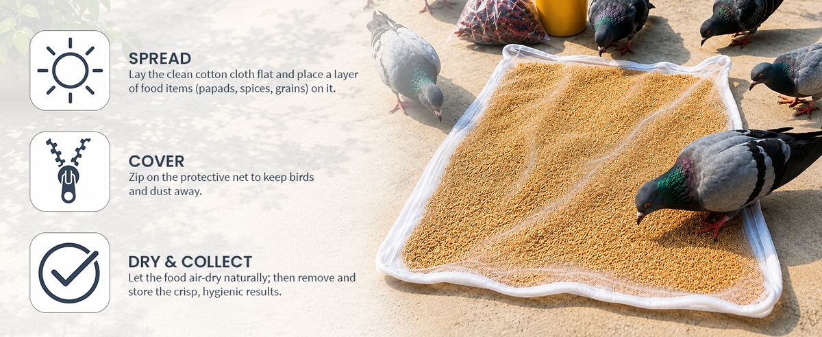 Bmado Reusable Cotton Food Drying Cloth with Mesh for Papad & Spices