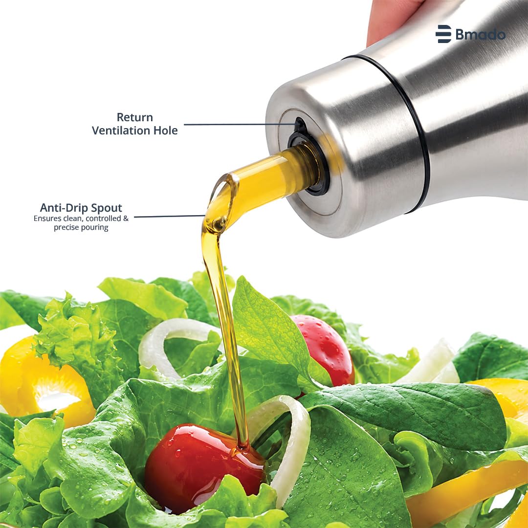 Bmado Stainless Steel Oil Dispenser 1 Litre | Leak Proof Oil Pourer with Anti-Drip Spout | Premium Kitchen Oil Container for Cooking Oil, Vinegar, Ghee & Liquid Seasonings | Silver