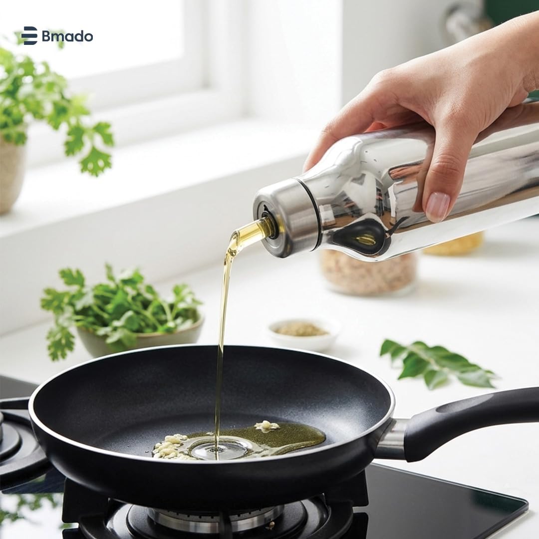 Bmado Stainless Steel Oil Dispenser 1 Litre | Leak Proof Oil Pourer with Anti-Drip Spout | Premium Kitchen Oil Container for Cooking Oil, Vinegar, Ghee & Liquid Seasonings | Silver