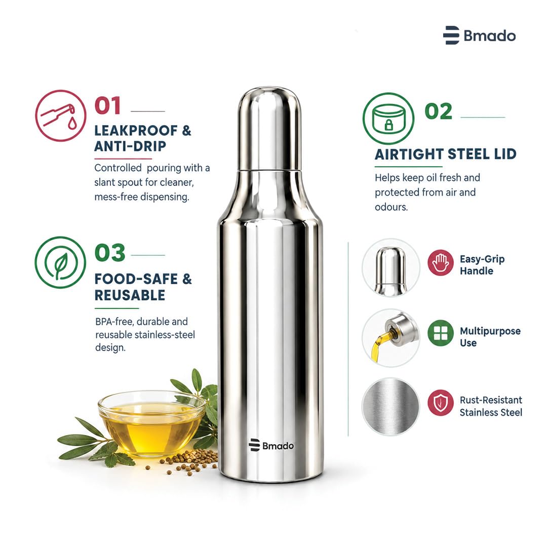 Bmado Stainless Steel Oil Dispenser 1 Litre | Leak Proof Oil Pourer with Anti-Drip Spout | Premium Kitchen Oil Container for Cooking Oil, Vinegar, Ghee & Liquid Seasonings | Silver