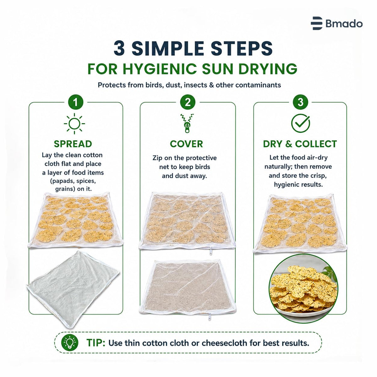 Bmado Cotton Drying Cloth with Net 94 x 71 cm | Breathable Reusable Food Drying Sheet for Papad, Vadagam, Spices, Millets & Mango Pickle Making | Washable Kitchen Drying Cloth