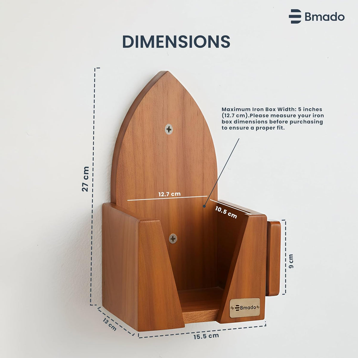 Bmado Multi-Purpose Wooden Iron Press Holder | Safe Shock-Free Design | No Electricity Needed | Holds Iron & Organises Power Cable | Wall-Mounted Holder | Maximum Iron Box Width 5 Inches (12.7 cm)