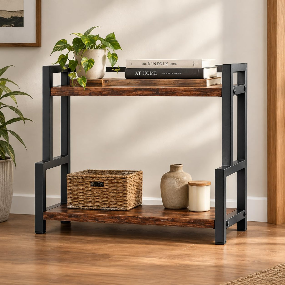 Bmado Kitchen Countertop Organizer Rack | 2 Tier Wooden Corner Shelf for Spice Jars, Kitchen Storage, Makeup & Office Supplies | Arched Design, Adjustable Storage Stand, Rustic Brown