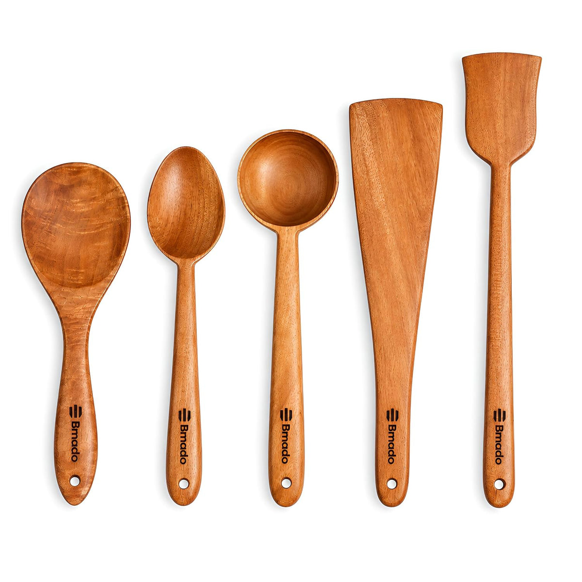Bmado Wooden Kitchen Tool Set of 5 | Compact Flip, Spatula, Ladle & Cooking Utensils for Dosa, Roti, Chapati & Everyday Cooking | Naturally Non-Stick | No Harmful Polish | Handmade Wooden Tools