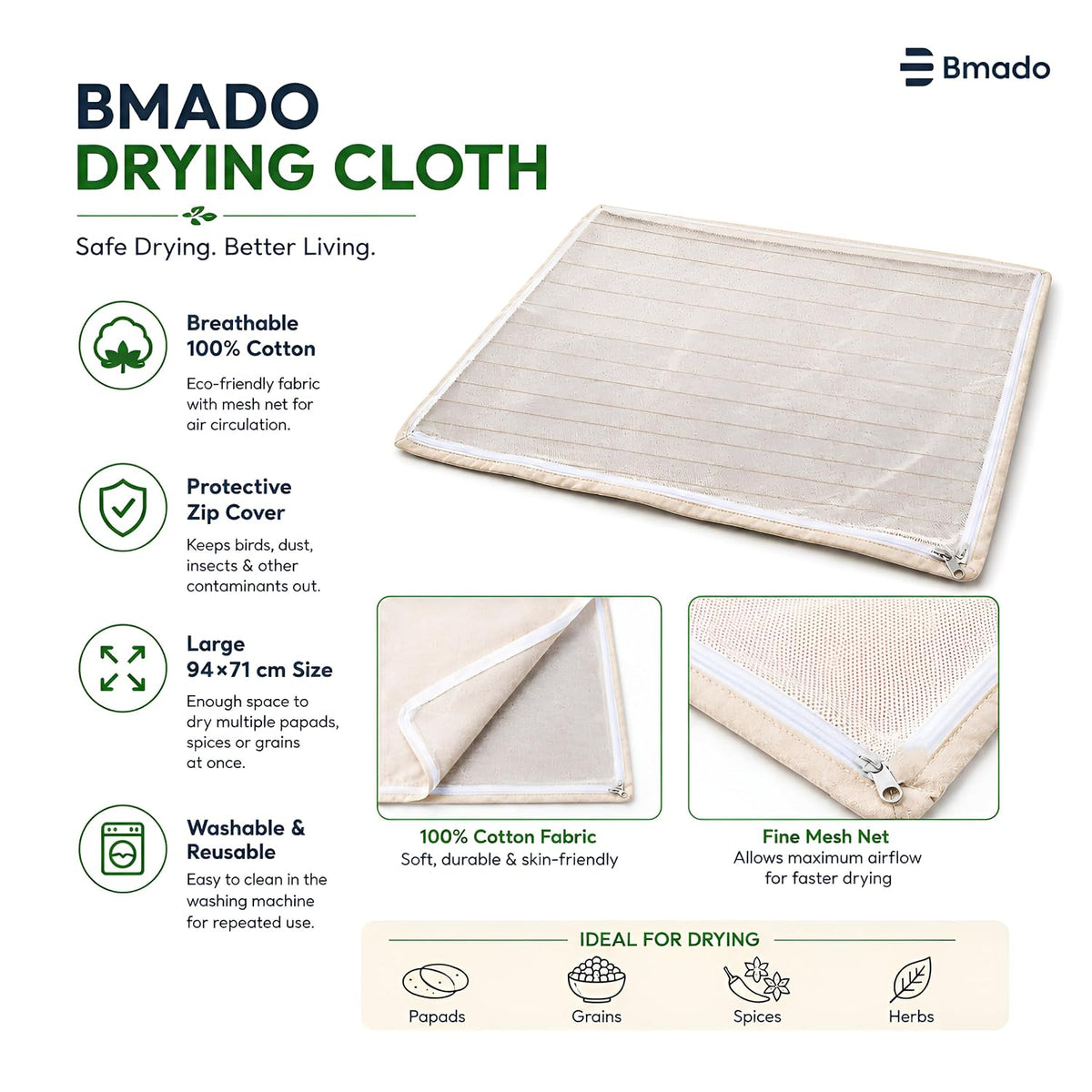 Bmado Cotton Drying Cloth with Net 94 x 71 cm | Breathable Reusable Food Drying Sheet for Papad, Vadagam, Spices, Millets & Mango Pickle Making | Washable Kitchen Drying Cloth