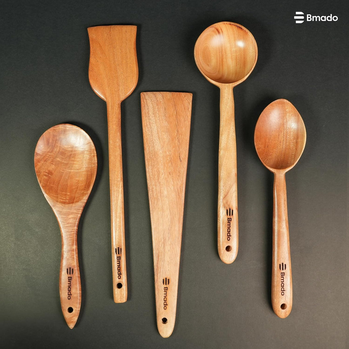 Bmado Wooden Kitchen Tool Set of 5 | Compact Flip, Spatula, Ladle & Cooking Utensils for Dosa, Roti, Chapati & Everyday Cooking | Naturally Non-Stick | No Harmful Polish | Handmade Wooden Tools