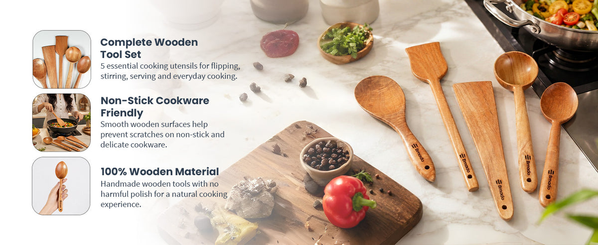 Bmado Handmade Wooden Kitchen Utensils Set for Everyday Cooking