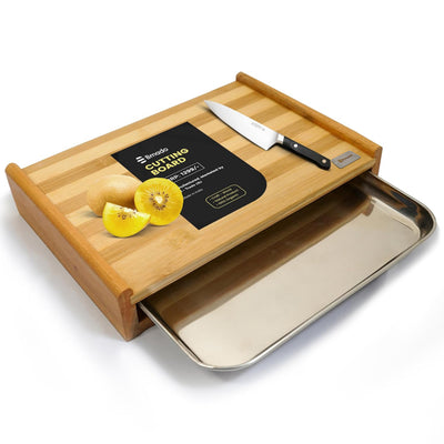 Bamboo Cutting Board with Sliding Stainless Steel Tray for Kitchen Food Preparation