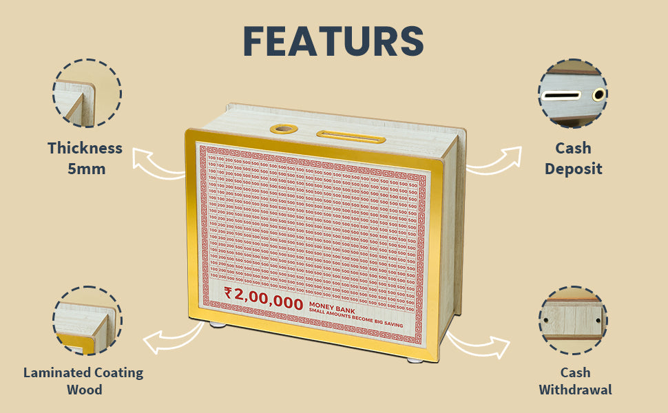 2 Lakh Wooden Money Bank Secure Savings Box for Kids and Adults