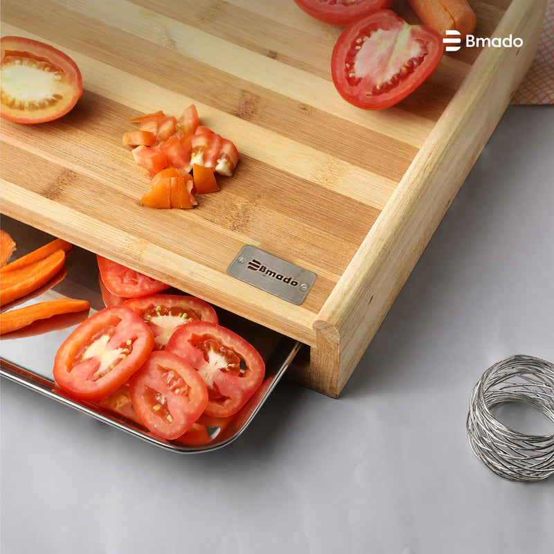 Bamboo Cutting Board with Sliding Stainless Steel Tray for Kitchen Food Preparation