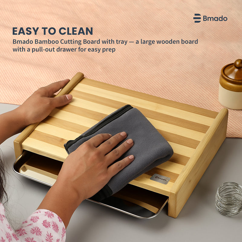 Bamboo Cutting Board with Sliding Stainless Steel Tray for Kitchen Food Preparation