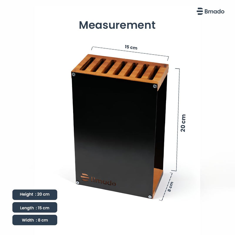 Bmado Premium Wood Knife Stand | 7-Slot Knife Block | Handcrafted Wooden Top with Full Metal Body | Modern Kitchen Countertop Cutlery Organizer | Durable Ventilated Design