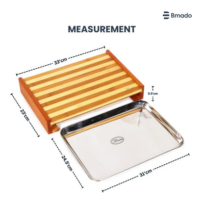 Bamboo Cutting Board with Stainless Steel Tray – (Medium) Wooden Chopping Board with Pull-Out Sliding Drawer Container (33 x 23 x 6 cm) for Kitchen & Food Prep