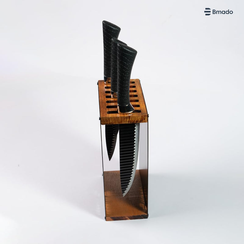Bmado Premium Wood Knife Stand | 7-Slot Knife Block | Handcrafted Wooden Top with Full Metal Body | Modern Kitchen Countertop Cutlery Organizer | Durable Ventilated Design