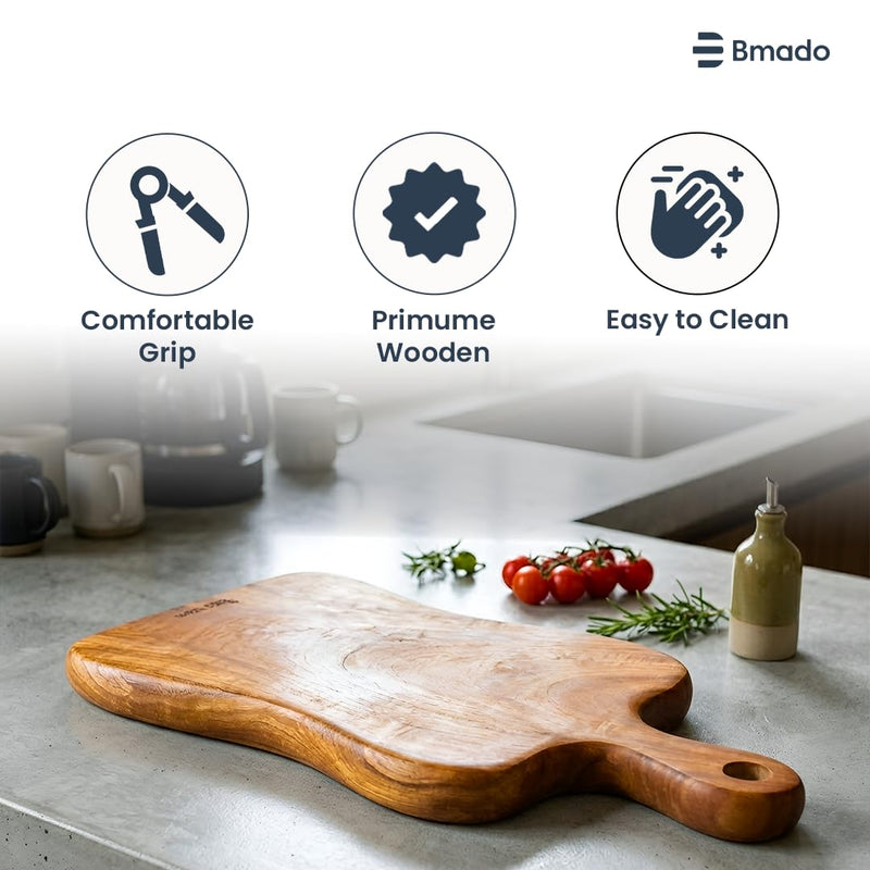Bmado Premium Single-Piece Solid Wooden Cutting Board with Handle | 1.2 Inch Thick Heavy-Duty Rectangular Chopping Board | Knife-Safe for Vegetables, Meat & Fruits | No Joints One Block Design
