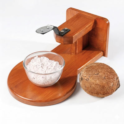 Bmado Wooden Coconut Scraper | Table Top Chirava Grater Thengai Thuruvi with Round Base | Polished Wood & Stainless Steel Blade Kitchen Tool (Medium)
