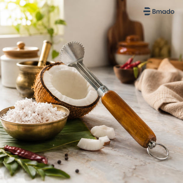 Bmado Wooden Hand Coconut Scraper | Manual Coconut Grater & Shredder with Stainless Steel Blade | Wooden Handle | Nariyal Khurchani | Kai Chirava | Coconut Scraping Tool for Kitchen