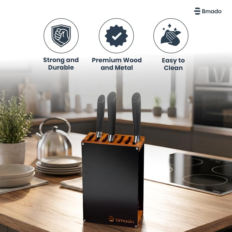 Bmado Premium Wood Knife Stand | 7-Slot Knife Block | Handcrafted Wooden Top with Full Metal Body | Modern Kitchen Countertop Cutlery Organizer | Durable Ventilated Design