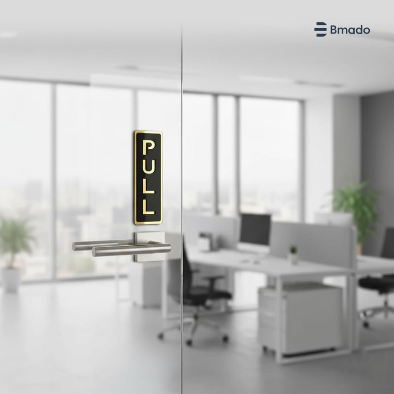 Bmado Push Pull Door Sign | 5.9 Inch Acrylic Gold Black Sticker Set | Self-Adhesive Signage for Glass & Wooden Doors | Office, Shop, Cafe, Hotel & Business Entry