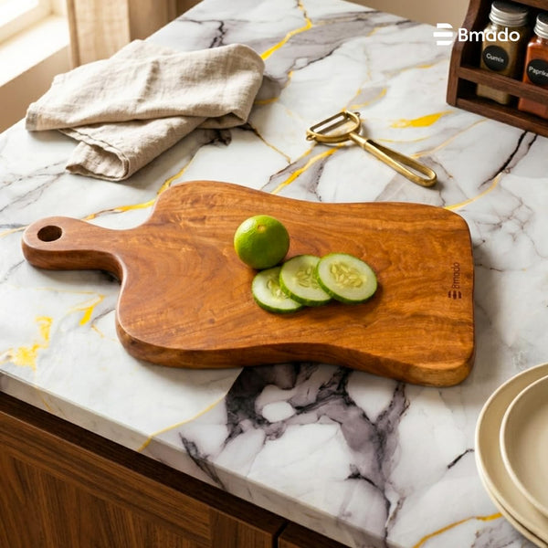 Bmado Premium Single-Piece Solid Wooden Cutting Board with Handle | 1.2 Inch Thick Heavy-Duty Rectangular Chopping Board | Knife-Safe for Vegetables, Meat & Fruits | No Joints One Block Design