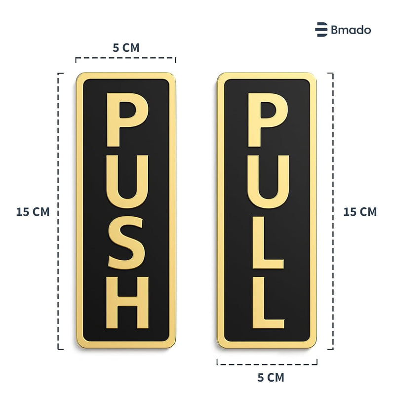 Bmado Push Pull Door Sign | 5.9 Inch Acrylic Gold Black Sticker Set | Self-Adhesive Signage for Glass & Wooden Doors | Office, Shop, Cafe, Hotel & Business Entry