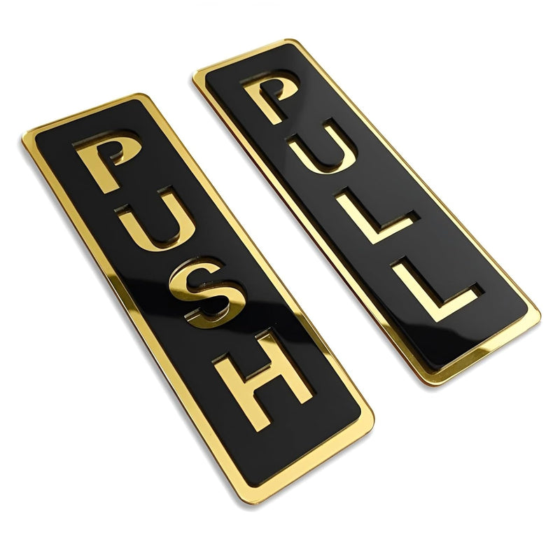 Bmado Push Pull Door Sign | 5.9 Inch Acrylic Gold Black Sticker Set | Self-Adhesive Signage for Glass & Wooden Doors | Office, Shop, Cafe, Hotel & Business Entry