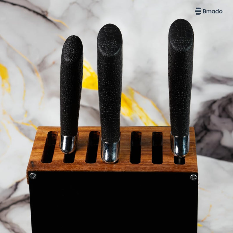 Bmado Premium Wood Knife Stand | 7-Slot Knife Block | Handcrafted Wooden Top with Full Metal Body | Modern Kitchen Countertop Cutlery Organizer | Durable Ventilated Design