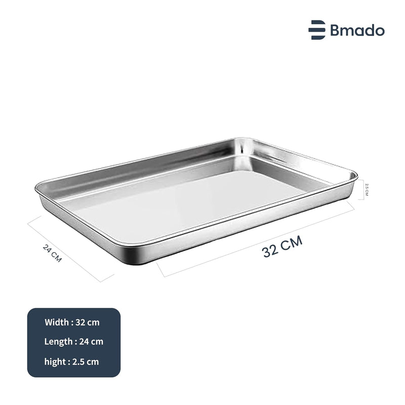 Versatile Stainless Steel Tray | Kitchen, Hotel & Restaurant Serving Tray for Cakes, Snacks & Tea | Oven Use Partially Recommended | Durable Rust-Free Design (32 x 24.5 x 2.5 cm – Large Pack of 1)