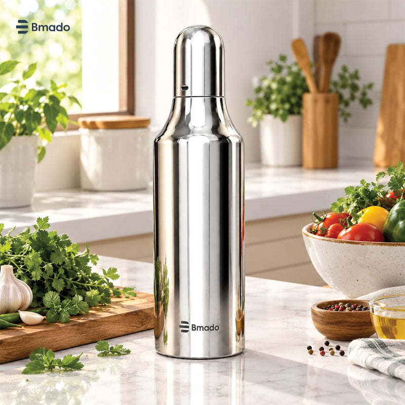 Bmado Stainless Steel Oil Dispenser 1 Litre | Leak Proof Oil Pourer with Anti-Drip Spout | Premium Kitchen Oil Container for Cooking Oil, Vinegar, Ghee & Liquid Seasonings | Silver