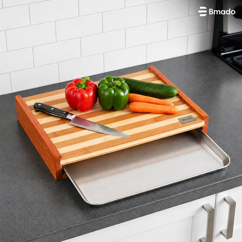Bamboo Cutting Board with Sliding Stainless Steel Tray for Kitchen Food Preparation