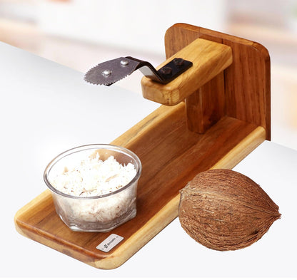 Traditional Polished Teak Table Top Coconut Scraper Chirava Grater Thengai Thuruvi with Stainless Steel Blade (Large, 1200g)