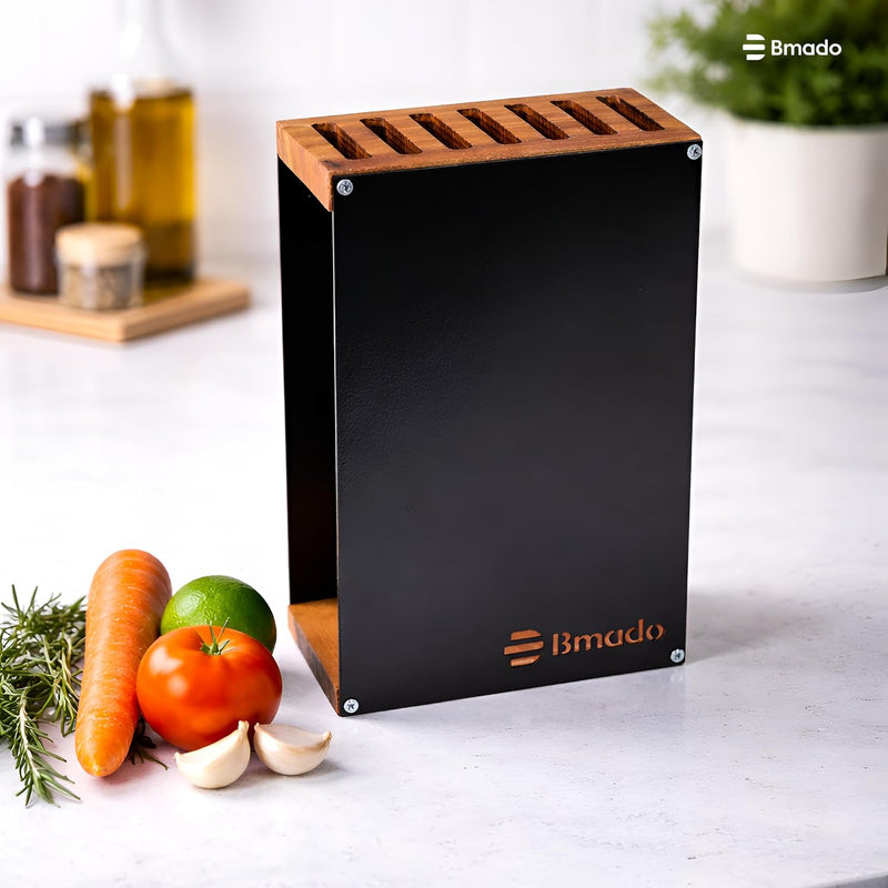 Bmado Premium Wood Knife Stand | 7-Slot Knife Block | Handcrafted Wooden Top with Full Metal Body | Modern Kitchen Countertop Cutlery Organizer | Durable Ventilated Design
