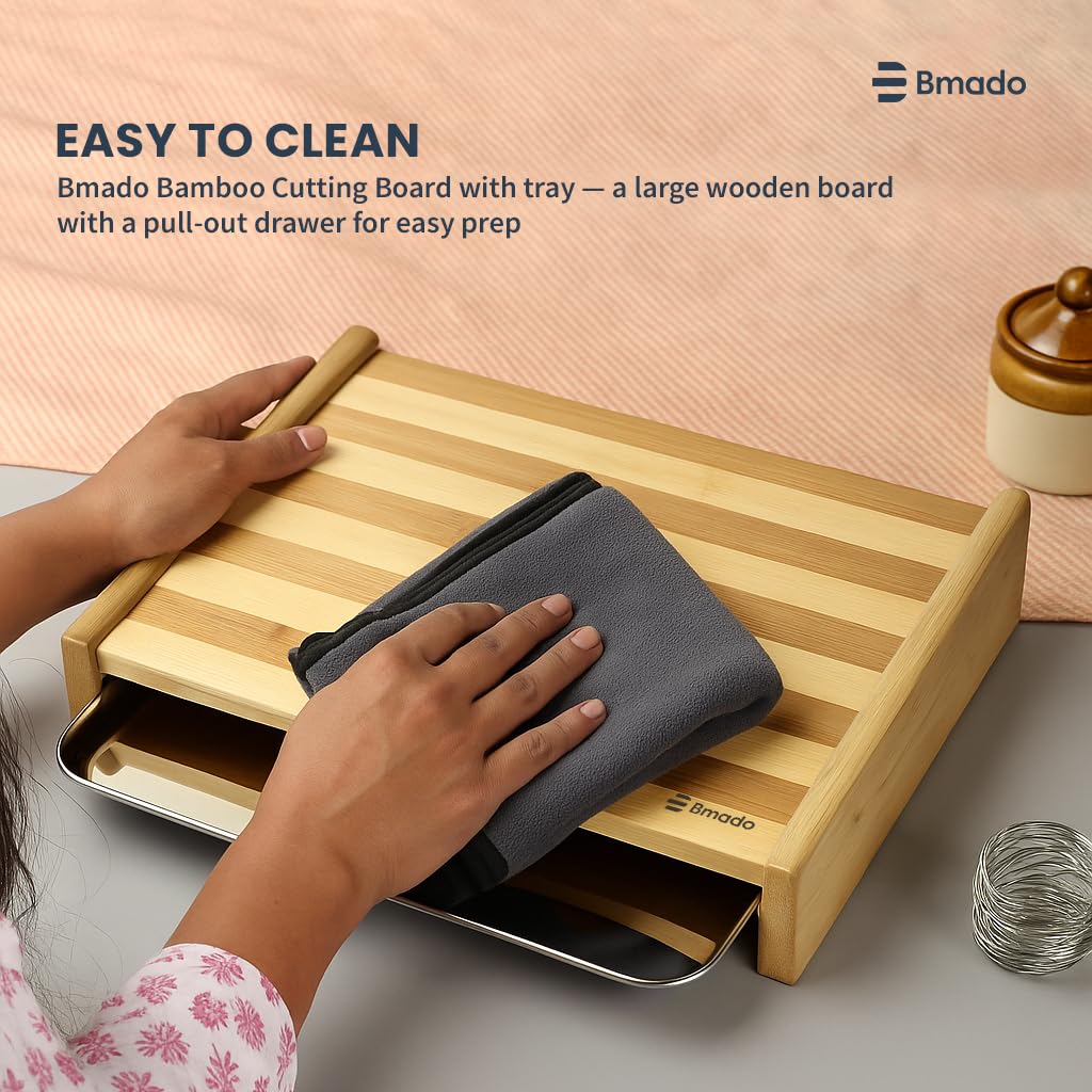 Bamboo Cutting Board with Stainless Steel Tray – (Medium) Wooden Chopping Board with Pull-Out Sliding Drawer Container (33 x 23 x 6 cm) for Kitchen & Food Prep