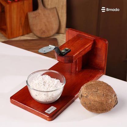 Traditional Polished Wooden Table-Top Manual Coconut Scraper – Chirava Grater Thengai Thuruvi with Stainless Steel Blade, Comfortable to Use (Weight - 850 Gram)