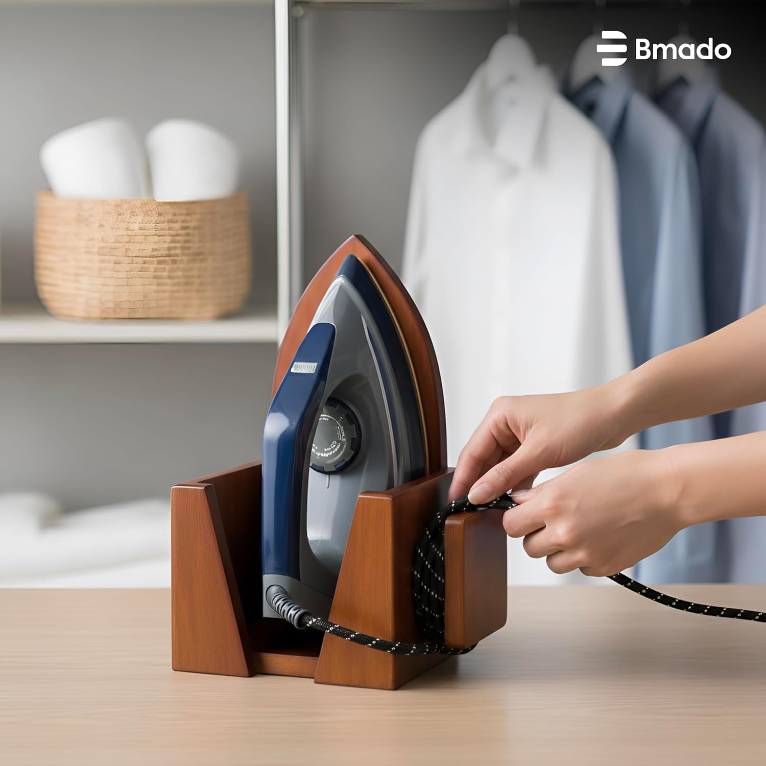 Premium Multi-Purpose Polished Wooden Iron Press Holder | Durable Wooden | Wall-Mounted Iron Stand with Cable Organizer | Durable Wooden Holder for Laundry Room