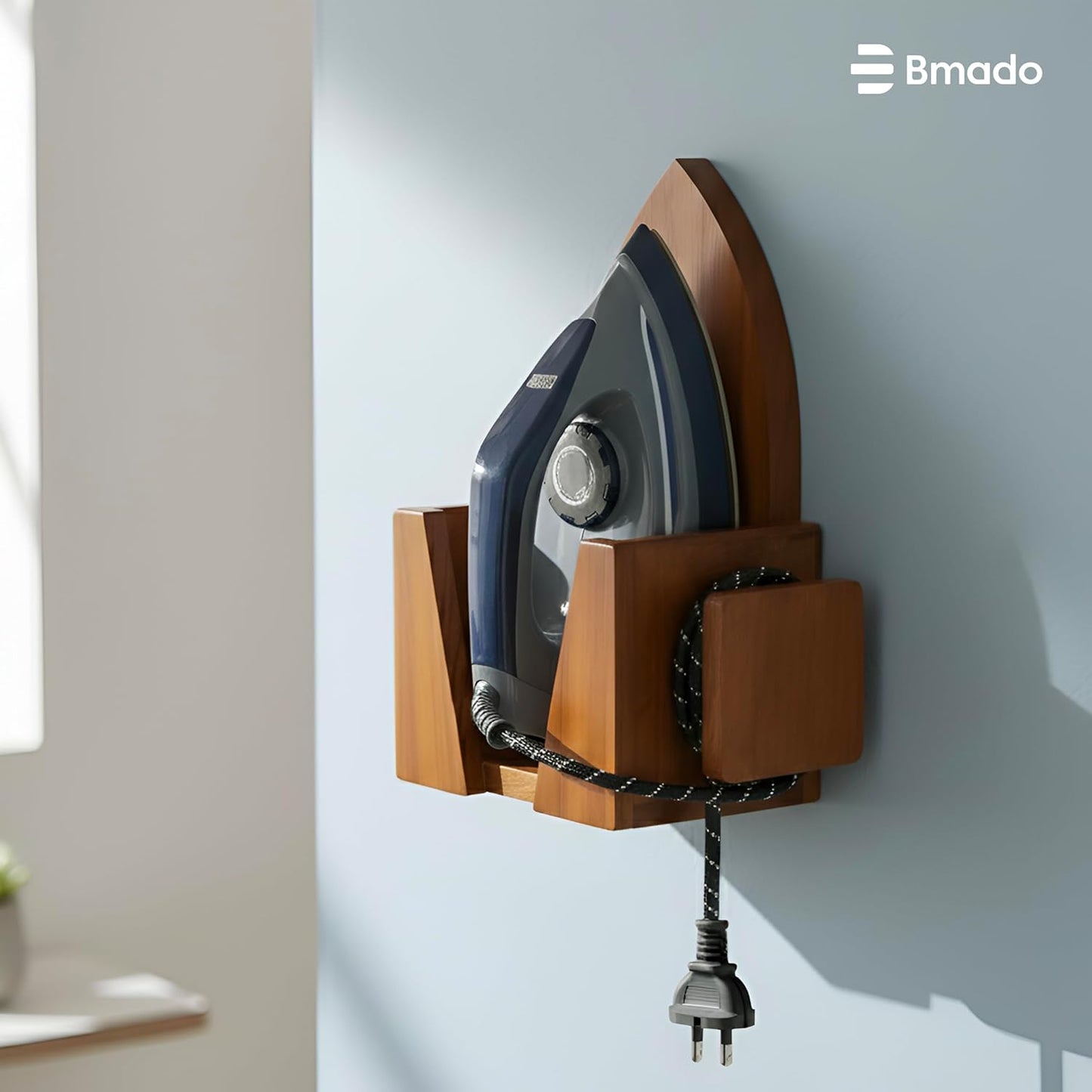 Premium Multi-Purpose Polished Wooden Iron Press Holder | Durable Wooden | Wall-Mounted Iron Stand with Cable Organizer | Durable Wooden Holder for Laundry Room