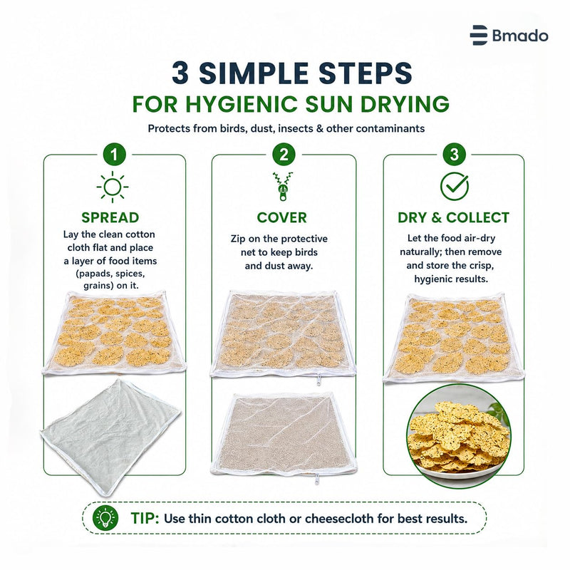 Bmado Cotton Drying Cloth with Net 94 x 71 cm | Breathable Reusable Food Drying Sheet for Papad, Vadagam, Spices, Millets & Mango Pickle Making | Washable Kitchen Drying Cloth