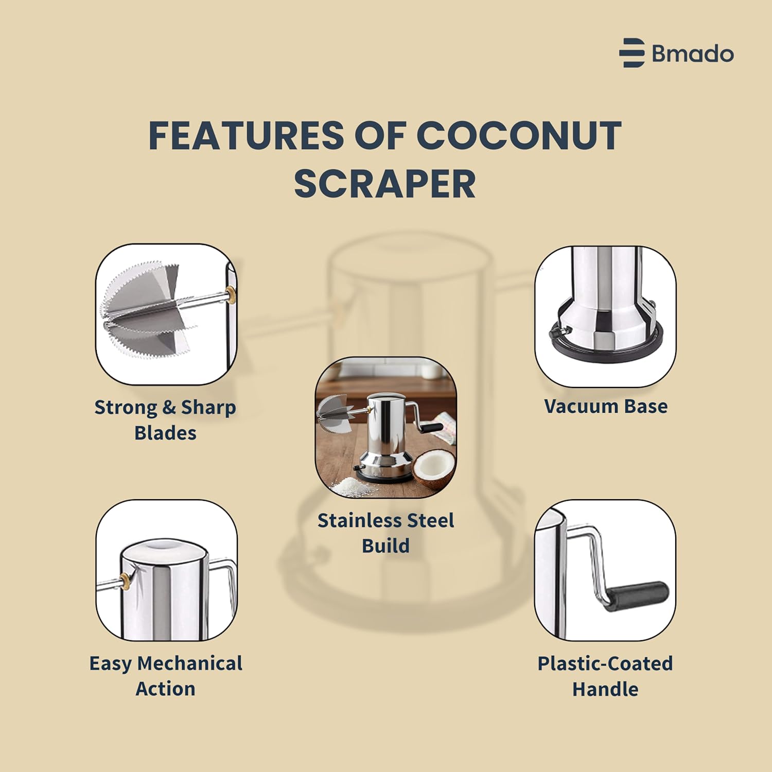 Stainless Steel Coconut Scraper for Kitchen, Coconut Grater with Vacuum Base, Rotatable Handle, Manual Operation, Silver – Easy to Use