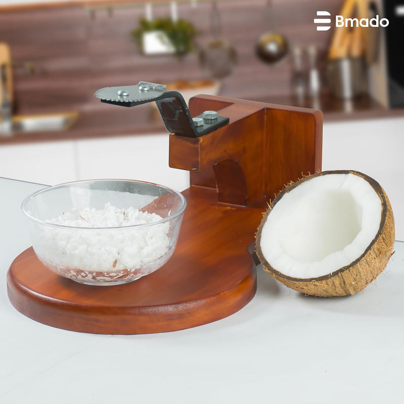 Wooden Coconut Scraper | Tabletop Thengai Thuruvi Chirava Grater with Stable Round Base | Polished Wood Body & Sharp Stainless-Steel Blade | Handy Kitchen Tool for Daily Use (Medium)