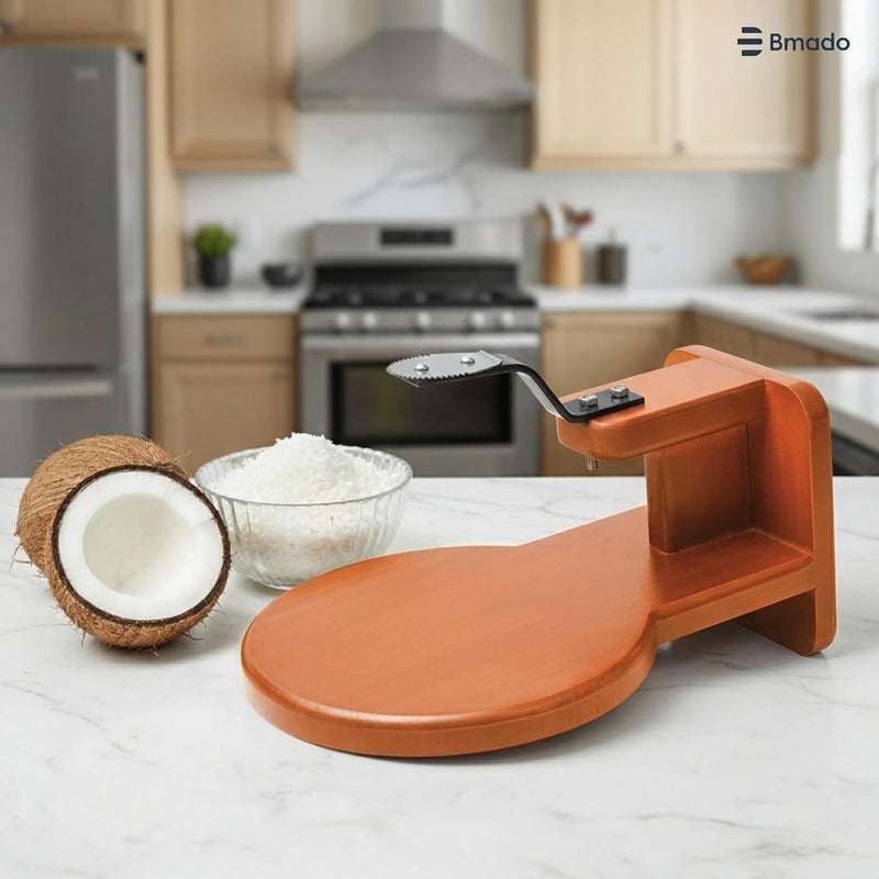 Bmado Wooden Coconut Scraper | Table Top Chirava Grater Thengai Thuruvi with Round Base | Polished Wood & Stainless Steel Blade Kitchen Tool (Medium)