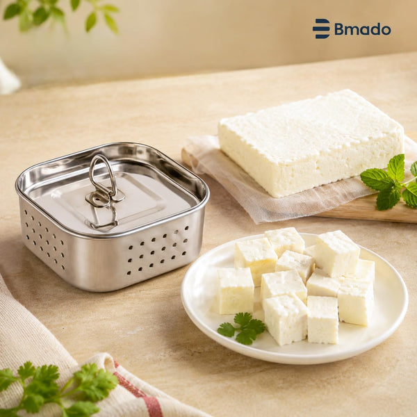 Bmado Stainless Steel Paneer Maker (600 ml) | Square Paneer Mould Press with Lid | Easy Homemade Paneer, Tofu & Cheese Making Tool | Rust Resistant Paneer Strainer | Kitchen Essential