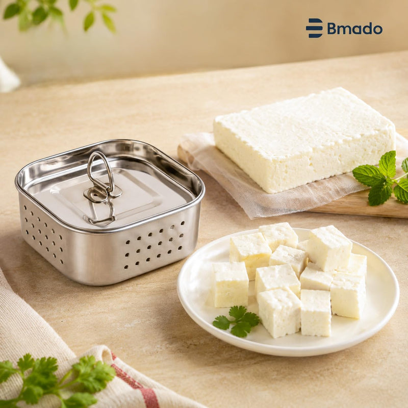 Bmado Stainless Steel Paneer Maker (600 ml) | Square Paneer Mould Press with Lid | Easy Homemade Paneer, Tofu & Cheese Making Tool | Rust Resistant Paneer Strainer | Kitchen Essential