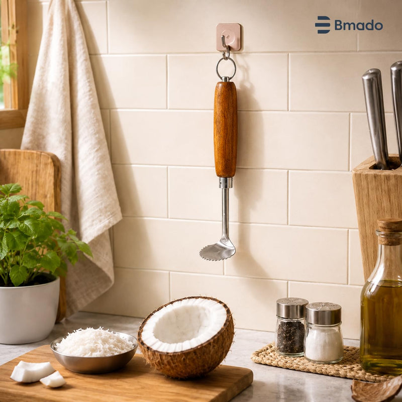 Bmado Wooden Hand Coconut Scraper | Manual Coconut Grater & Shredder with Stainless Steel Blade | Wooden Handle | Nariyal Khurchani | Kai Chirava | Coconut Scraping Tool for Kitchen