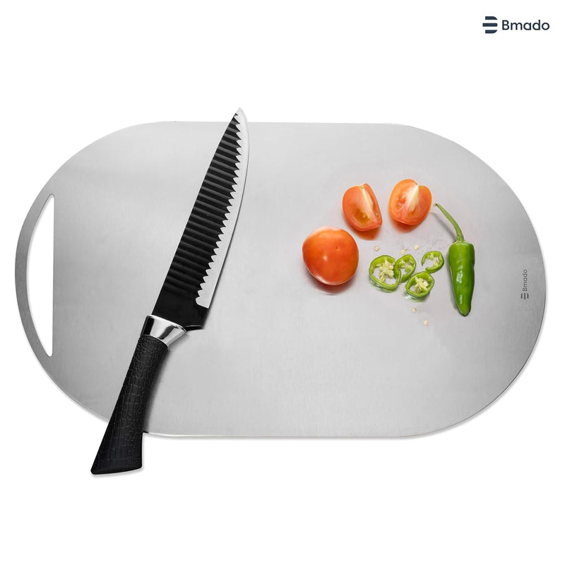 Heavy Duty Stainless Steel Chopping Board | Oval Shape (42 cm x 25 cm) | Rust-Resistant & Dishwasher Safe Cutting Board for Kitchen | Ideal for Vegetables, Fruits & Meat | (650g)