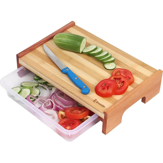 Wooden Sliding Tray Chopping Board Multifunction Cutting, Draining, and Washing with Easy Clean Design - Solid, Thick, and Strong with Drip Tray (32 Cm Length X 20 Cm Width, 850G Weight)