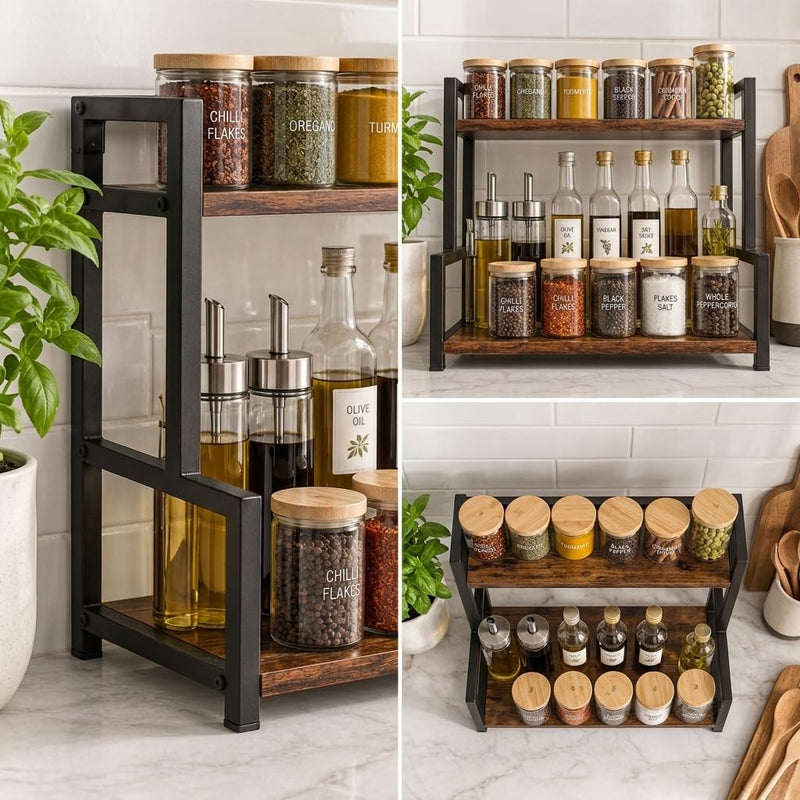 Bmado Kitchen Countertop Organizer Rack | 2 Tier Wooden Corner Shelf for Spice Jars, Kitchen Storage, Makeup & Office Supplies | Arched Design, Adjustable Storage Stand, Rustic Brown
