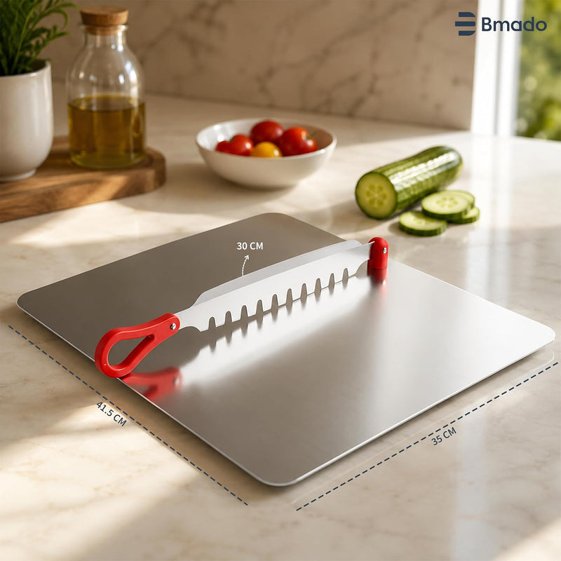 Bmado 304 Stainless Steel Cutting Board with Vegetable Cutter | Premium Food Grade Countertop Chopping Board for Vegetables, Fruits & Bread | Heavy Duty, Durable, Safe | 310 x 340 x 1.3 mm