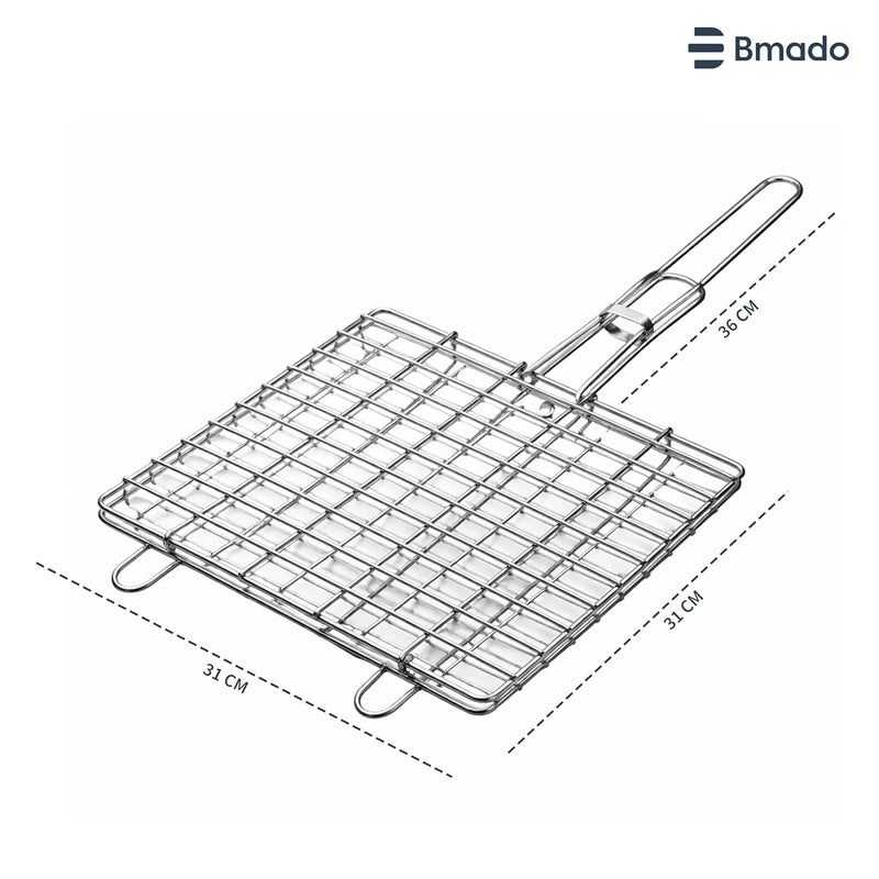 Bmado 304 Grade Stainless Steel BBQ Grill Basket with Long Handle | Heavy Duty Portable Barbecue Grilling Basket for Kebabs, Chicken, Fish, Shrimp & Vegetables | Food Grade Outdoor BBQ Tool